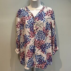 JM Collection White Blue Purple Floral Blouse Medium